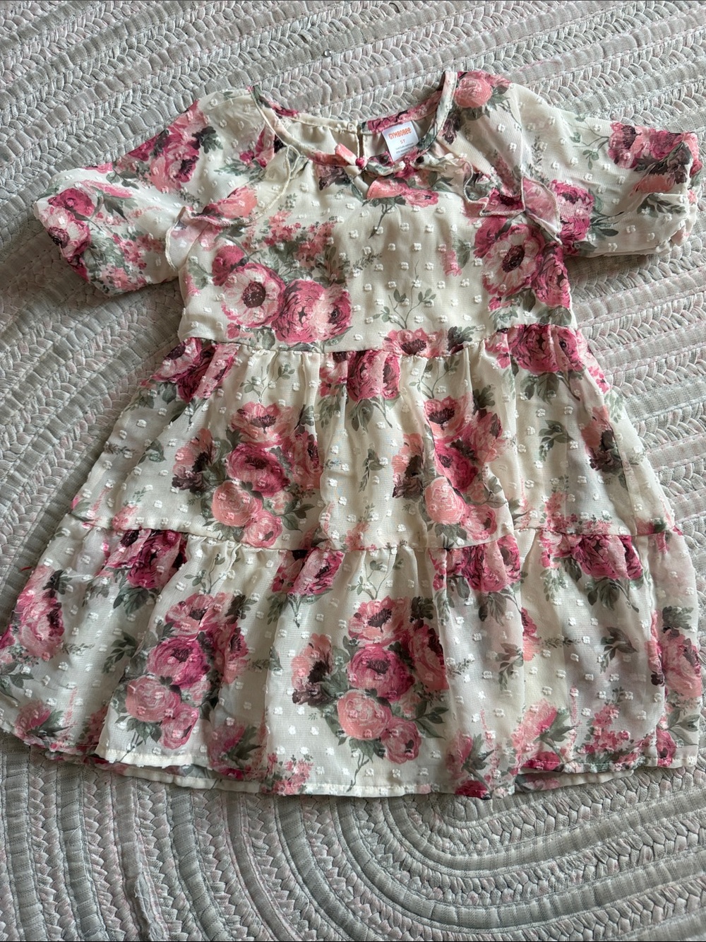 Gymboree 3 piece set:Pink Floral Tiered Dress, denim vest and Sherpa jacket (5T)